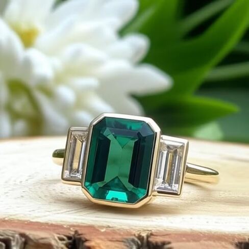 Silverq 2 Ct Emerald Cut Green Diamond Three Enging Engagement For Women 14K Gold Gold Mold Plated Betergy مجموعة ثلاثية مع حجارة خصيصات الجانبية 925 Sterling Silver Classic Jewelry in Saudi Arabia