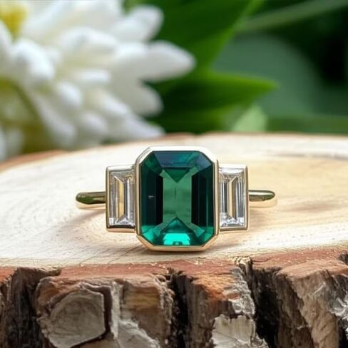 Silverq 2 Ct Emerald Cut Green Diamond Three Enging Engagement For Women 14K Gold Gold Mold Plated Betergy مجموعة ثلاثية مع حجارة خصيصات الجانبية 925 Sterling Silver Classic Jewelry in Saudi Arabia