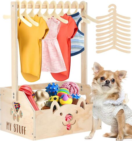 Chunful Dog Closet Wooden Pet Wardrobe Closet Dog Toy Storage Bin with Handle Pet Clothes Rack for Cat Organization and Storage Accessories, 19" x 13" x 9" in Saudi Arabia