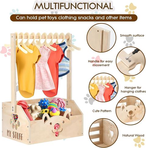 Chunful Dog Closet Wooden Pet Wardrobe Closet Dog Toy Storage Bin with Handle Pet Clothes Rack for Cat Organization and Storage Accessories, 19" x 13" x 9" in Saudi Arabia