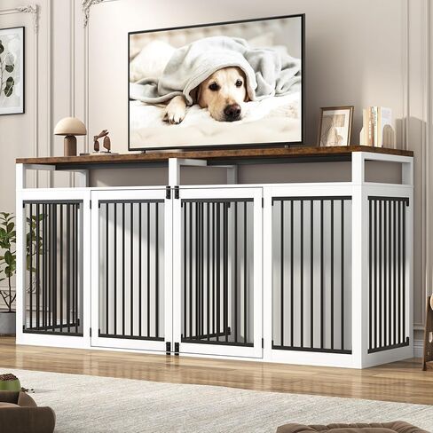 87in Farmhouse Dog Crate TV Stand ، أثاث بيت الكلب الخشبي مع بابان ، أثاث قفص الكلب الكبير ل 2 كلاب ، أنبوب معدني صلب و 4 أبواب قابلة للقفل ، رمادي in Kuwait