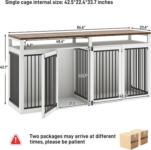 87in Farmhouse Dog Crate TV Stand ، أثاث بيت الكلب الخشبي مع بابان ، أثاث قفص الكلب الكبير ل 2 كلاب ، أنبوب معدني صلب و 4 أبواب قابلة للقفل ، رمادي in Kuwait
