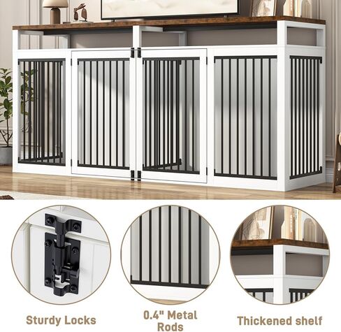 87in Farmhouse Dog Crate TV Stand ، أثاث بيت الكلب الخشبي مع بابان ، أثاث قفص الكلب الكبير ل 2 كلاب ، أنبوب معدني صلب و 4 أبواب قابلة للقفل ، رمادي in Kuwait
