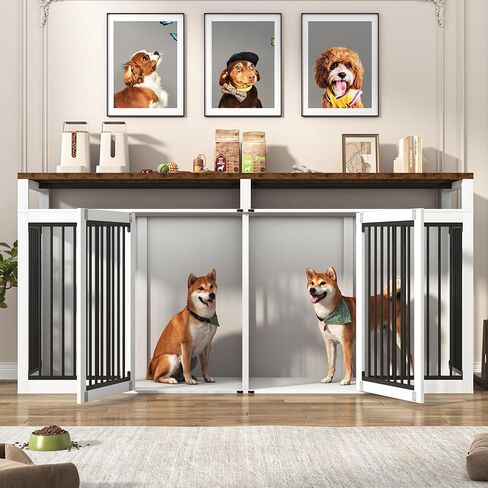87in Farmhouse Dog Crate TV Stand ، أثاث بيت الكلب الخشبي مع بابان ، أثاث قفص الكلب الكبير ل 2 كلاب ، أنبوب معدني صلب و 4 أبواب قابلة للقفل ، رمادي in Kuwait