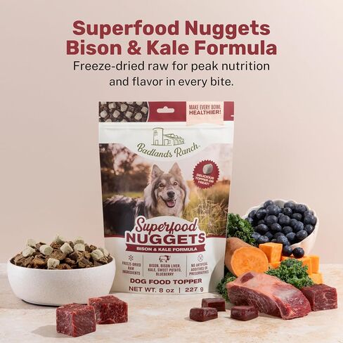 Superfood Nuggets- قسط ، وتجميد الكلاب الخام المجفف الغذاء أو العلاج. مكونات قوية كثيفة المغذيات. لا إضافات اصطناعية. Bison and Kale Formula 8oz - 4pk Bundle in Kuwait