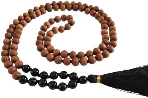 خشب الصندل - قلادة أسود أونيكس مالا 8 ملم ، قلادة خشب الصندل المعقدة ، حبات صلاة جابا مالا ، 108 خشب الصندل مالا الوردية ، رجالي ملاء اليوغا in Saudi Arabia