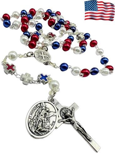 American Flag Rosary St Michael Archangel Red White And Blue Beads USA Patriotic Catholic Religious Gift Police Military in Saudi Arabia