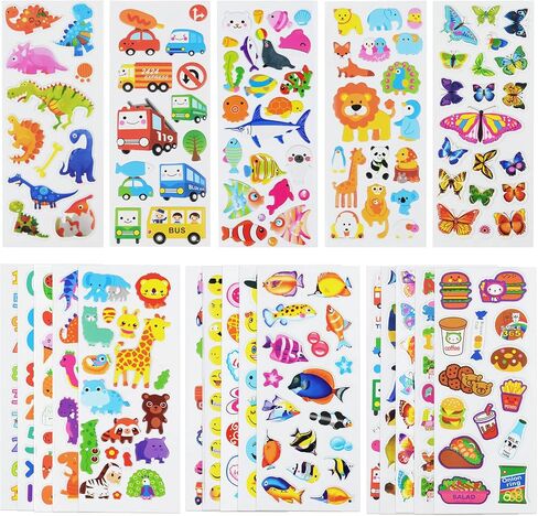 24 Sheets(500+) 3D Puffy Stickers for Toddlers Kids, Bulk Preschool Sticker Sheets for Reward, Craft, Scrapbooking Including Animal, Fruits, Dinosaurs, Fish and More in Kuwait