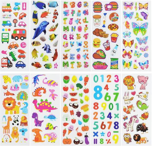 24 Sheets(500+) 3D Puffy Stickers for Toddlers Kids, Bulk Preschool Sticker Sheets for Reward, Craft, Scrapbooking Including Animal, Fruits, Dinosaurs, Fish and More in Kuwait
