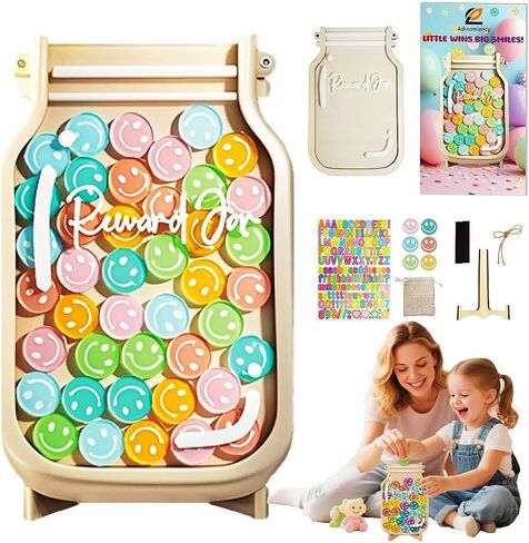 Kids Reward Jar & Behavior Chart - الفصل الدراسي والمخطط التدريبي للقعادة مع 80 ملصقًا - أداة المعلم/الوالدين للأعمال المنزلية ، والواجبات المنزلية ، والعادات الجيدة (ملونة ودائمة) in Saudi Arabia