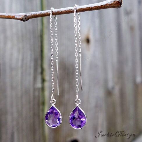 10mm Tear Drop Purple Amethyst Threader Sterling Silver Chain Earrings JD53 in Saudi Arabia