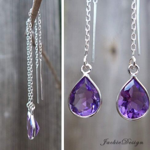10mm Tear Drop Purple Amethyst Threader Sterling Silver Chain Earrings JD53 in Saudi Arabia