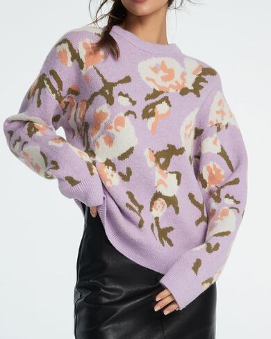 سترة المرأة الأزهار طويلة الأكمام Crewneck انخفاض الكتف نمط متماسكة سترة صوفية in Saudi Arabia