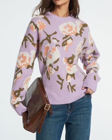 سترة المرأة الأزهار طويلة الأكمام Crewneck انخفاض الكتف نمط متماسكة سترة صوفية in Saudi Arabia