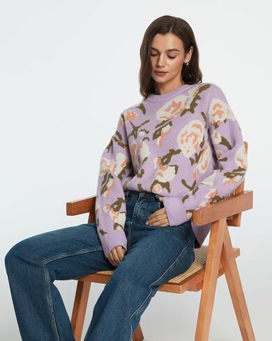سترة المرأة الأزهار طويلة الأكمام Crewneck انخفاض الكتف نمط متماسكة سترة صوفية in Saudi Arabia