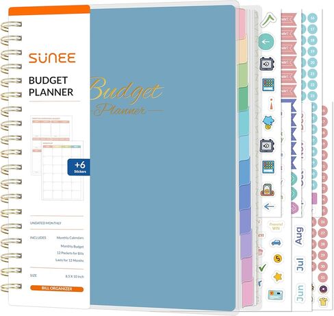 مخطط ميزانية Sunee - كتاب Deluxe Monthly Budget Book مع 12 Joblet of Bill Organizer ، دفتر ملاحظات غير مؤرخ لمدة 12 شهرًا وحجم حساب B5 (8 "× 10") لإدارة مخطط التمويل الخاص بك ، الأزرق in Kuwait