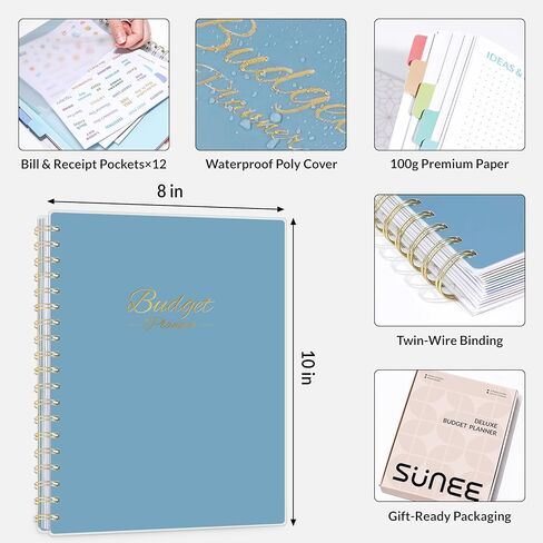 مخطط ميزانية Sunee - كتاب Deluxe Monthly Budget Book مع 12 Joblet of Bill Organizer ، دفتر ملاحظات غير مؤرخ لمدة 12 شهرًا وحجم حساب B5 (8 "× 10") لإدارة مخطط التمويل الخاص بك ، الأزرق in Kuwait