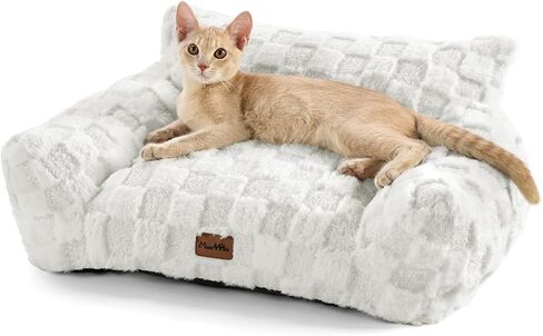 Made4Pets Cat Couch Bed, Soft Faux Fur Checkered Pet Sofa, Calming Fluffy Cat Sofa with Supportive Foam, Removable Washable Cover with Non-Slip Base, White, Small in Kuwait