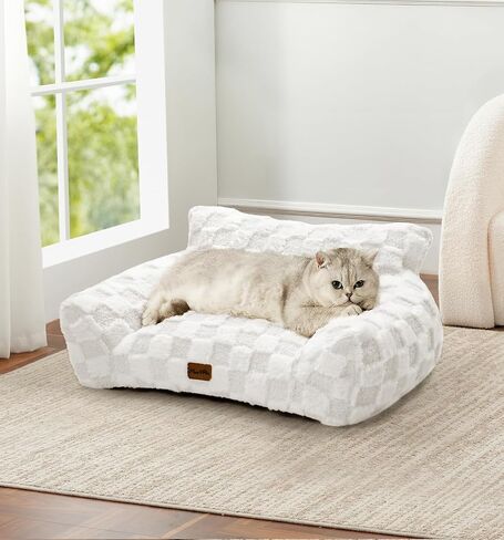 Made4Pets Cat Couch Bed, Soft Faux Fur Checkered Pet Sofa, Calming Fluffy Cat Sofa with Supportive Foam, Removable Washable Cover with Non-Slip Base, White, Small in Kuwait