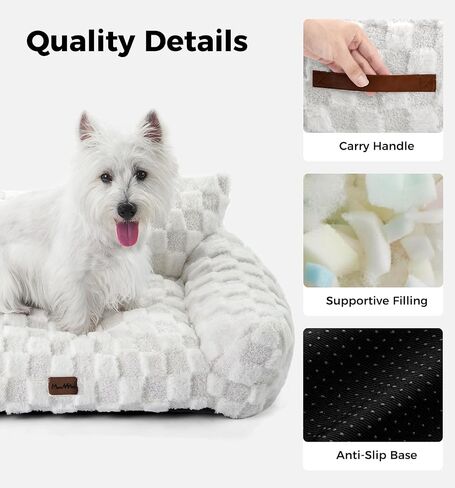Made4Pets Cat Couch Bed, Soft Faux Fur Checkered Pet Sofa, Calming Fluffy Cat Sofa with Supportive Foam, Removable Washable Cover with Non-Slip Base, White, Small in Kuwait
