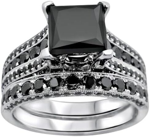 رذاذ المجوهرات 3CT Princess Cut Lab التي تم إنشاؤها الأسود الماس الفضي الفضي 925 خاتم الخطوبة بمجموعات الزفاف 14K أبيض الذهب (White ، 8.5) in Saudi Arabia