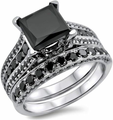 رذاذ المجوهرات 3CT Princess Cut Lab التي تم إنشاؤها الأسود الماس الفضي الفضي 925 خاتم الخطوبة بمجموعات الزفاف 14K أبيض الذهب (White ، 8.5) in Saudi Arabia