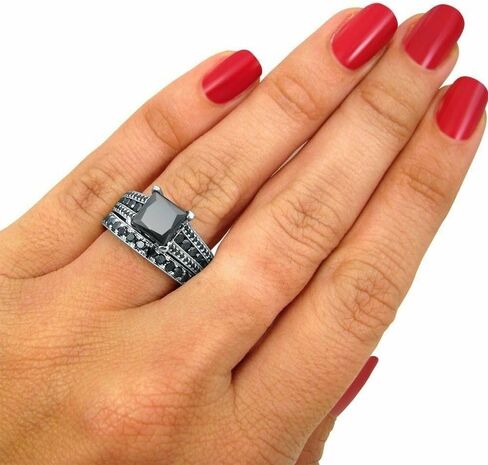 رذاذ المجوهرات 3CT Princess Cut Lab التي تم إنشاؤها الأسود الماس الفضي الفضي 925 خاتم الخطوبة بمجموعات الزفاف 14K أبيض الذهب (White ، 8.5) in Saudi Arabia