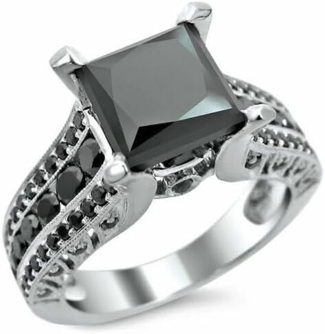 رذاذ المجوهرات 3CT Princess Cut Lab التي تم إنشاؤها الأسود الماس الفضي الفضي 925 خاتم الخطوبة بمجموعات الزفاف 14K أبيض الذهب (White ، 8.5) in Saudi Arabia