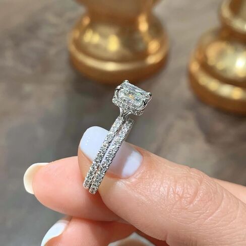 2 CT Cushion Cut Solitaire Hidden Halo Fridal Ring مجموعة خاتم الخطوبة المصنوعة يدويًا للنساء الوعد بوعدها لميسانيت (أبيض) in Saudi Arabia