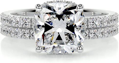 2 CT Cushion Cut Solitaire Hidden Halo Fridal Ring مجموعة خاتم الخطوبة المصنوعة يدويًا للنساء الوعد بوعدها لميسانيت (أبيض) in Saudi Arabia