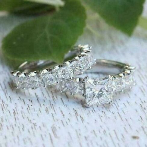 رذاذ المجوهرات 4CT Princess Cut Lab التي تم إنشاؤها من الماس ، خاتم الزفاف ، الذهب الأبيض 14K على الفضة الاسترليني (الأبيض ، 4.5) in Saudi Arabia