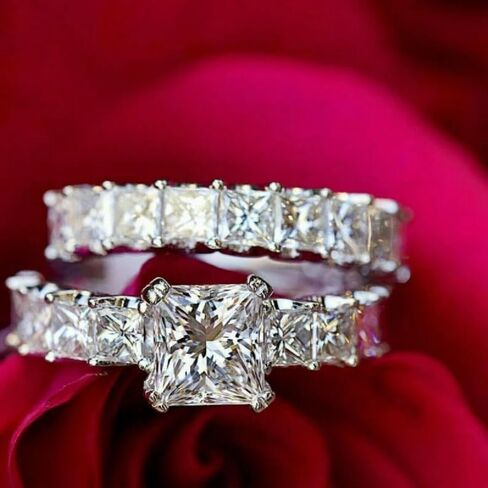رذاذ المجوهرات 4CT Princess Cut Lab التي تم إنشاؤها من الماس ، خاتم الزفاف ، الذهب الأبيض 14K على الفضة الاسترليني (الأبيض ، 4.5) in Saudi Arabia
