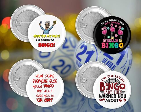 Bingo Lovers 4 Piece Funny Pin Back Button Set 1.5 Inch Round in Saudi Arabia