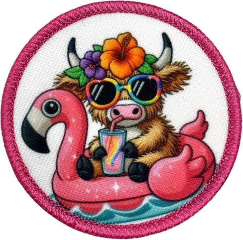 Highland Cow Summer patch, iron on, flamingo, floatie, cute heifer (Iron on) in Saudi Arabia