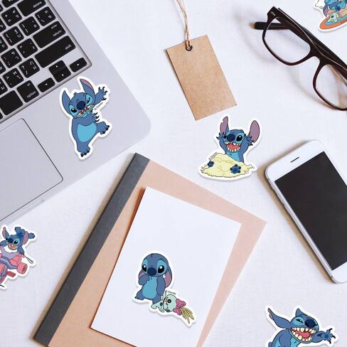 50pcs ملصقات Stitch Pack Cartoon Cartoon Conting Finyl Finyl Sticker for Water Bottle Luggage Bike Car Dials Fail For Kids Teens Pholes Stickers ، Childlers (Blue) in Kuwait