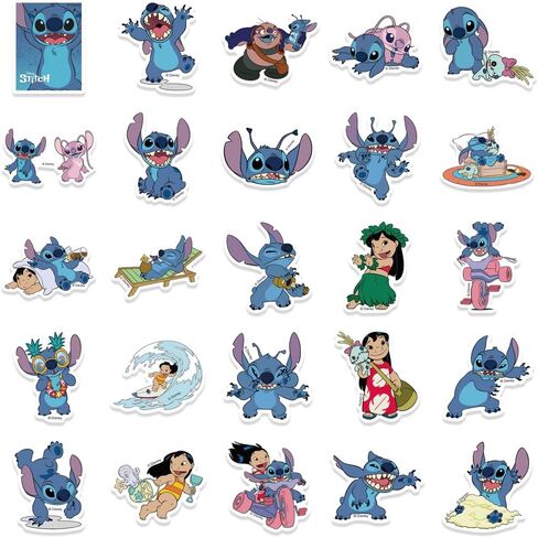 50pcs ملصقات Stitch Pack Cartoon Cartoon Conting Finyl Finyl Sticker for Water Bottle Luggage Bike Car Dials Fail For Kids Teens Pholes Stickers ، Childlers (Blue) in Kuwait