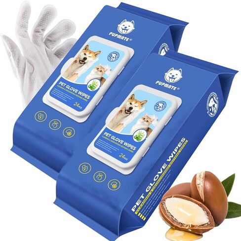 Pet Cleaning Glove Wipes for Dogs & Cats, Hypoallergenic Deodorizing Disposable Bathing Wipes,No-Rinse Grooming Wipes, Extra Thick,Perfect for Pet Dry Cleaning,Daily Care and Travel,24 pcs in Kuwait
