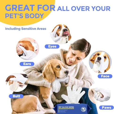 Pet Cleaning Glove Wipes for Dogs & Cats, Hypoallergenic Deodorizing Disposable Bathing Wipes,No-Rinse Grooming Wipes, Extra Thick,Perfect for Pet Dry Cleaning,Daily Care and Travel,24 pcs in Kuwait