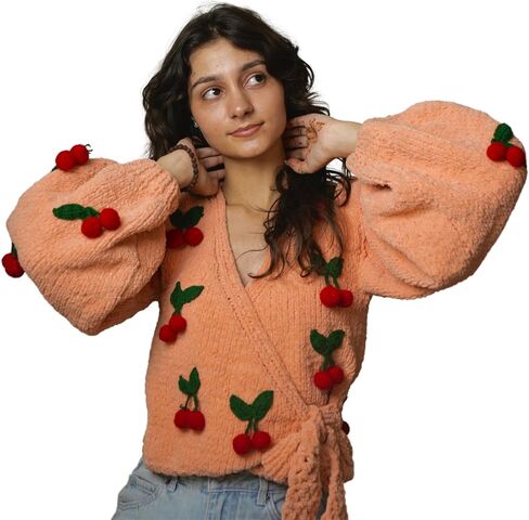 TUKI Women's Peach Knit Wrap Sweater – Cherry Appliqué Balloon Sleeve Cardigan (M) in Saudi Arabia