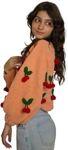 TUKI Women's Peach Knit Wrap Sweater – Cherry Appliqué Balloon Sleeve Cardigan (M) in Saudi Arabia