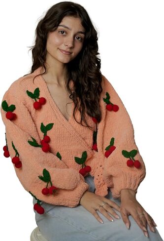 TUKI Women's Peach Knit Wrap Sweater – Cherry Appliqué Balloon Sleeve Cardigan (M) in Saudi Arabia