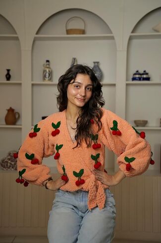 TUKI Women's Peach Knit Wrap Sweater – Cherry Appliqué Balloon Sleeve Cardigan (M) in Saudi Arabia