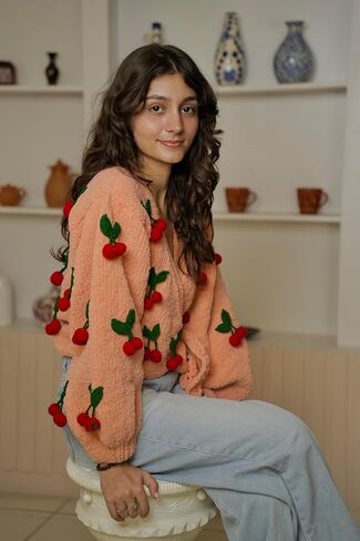 TUKI Women's Peach Knit Wrap Sweater – Cherry Appliqué Balloon Sleeve Cardigan (M) in Saudi Arabia