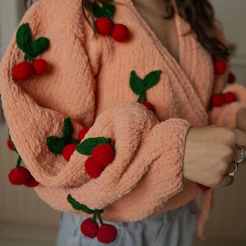 TUKI Women's Peach Knit Wrap Sweater – Cherry Appliqué Balloon Sleeve Cardigan (M) in Saudi Arabia