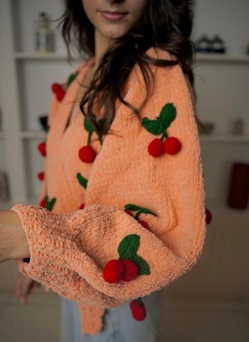 TUKI Women's Peach Knit Wrap Sweater – Cherry Appliqué Balloon Sleeve Cardigan (M) in Saudi Arabia