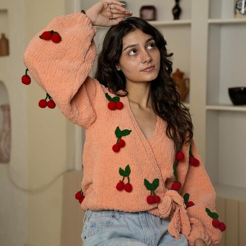 TUKI Women's Peach Knit Wrap Sweater – Cherry Appliqué Balloon Sleeve Cardigan (M) in Saudi Arabia