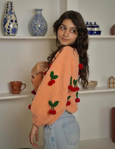 TUKI Women's Peach Knit Wrap Sweater – Cherry Appliqué Balloon Sleeve Cardigan (M) in Saudi Arabia