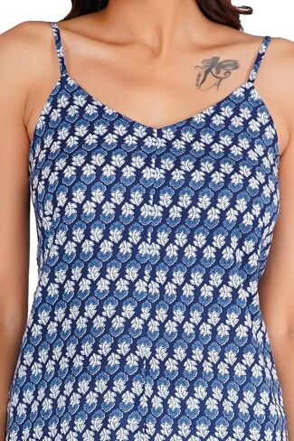 Handblock Printed Cotton Camisole Top for Women Handmade Blue Floral Strappy Tank Lightweight & Bohemian Style for Summer & Travel in Saudi Arabia