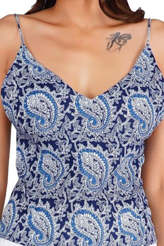 Handmade Women's Blue Paisley Cotton Top Block Printed Sleeveless Camisole with Smocked Waist & V-Neck in Saudi Arabia