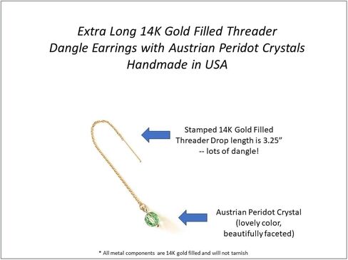 Peridot Green Crystal 14k Gold Filled Threader Earrings for Women Handmade in USA by Darlene's Gift Shop in Saudi Arabia
